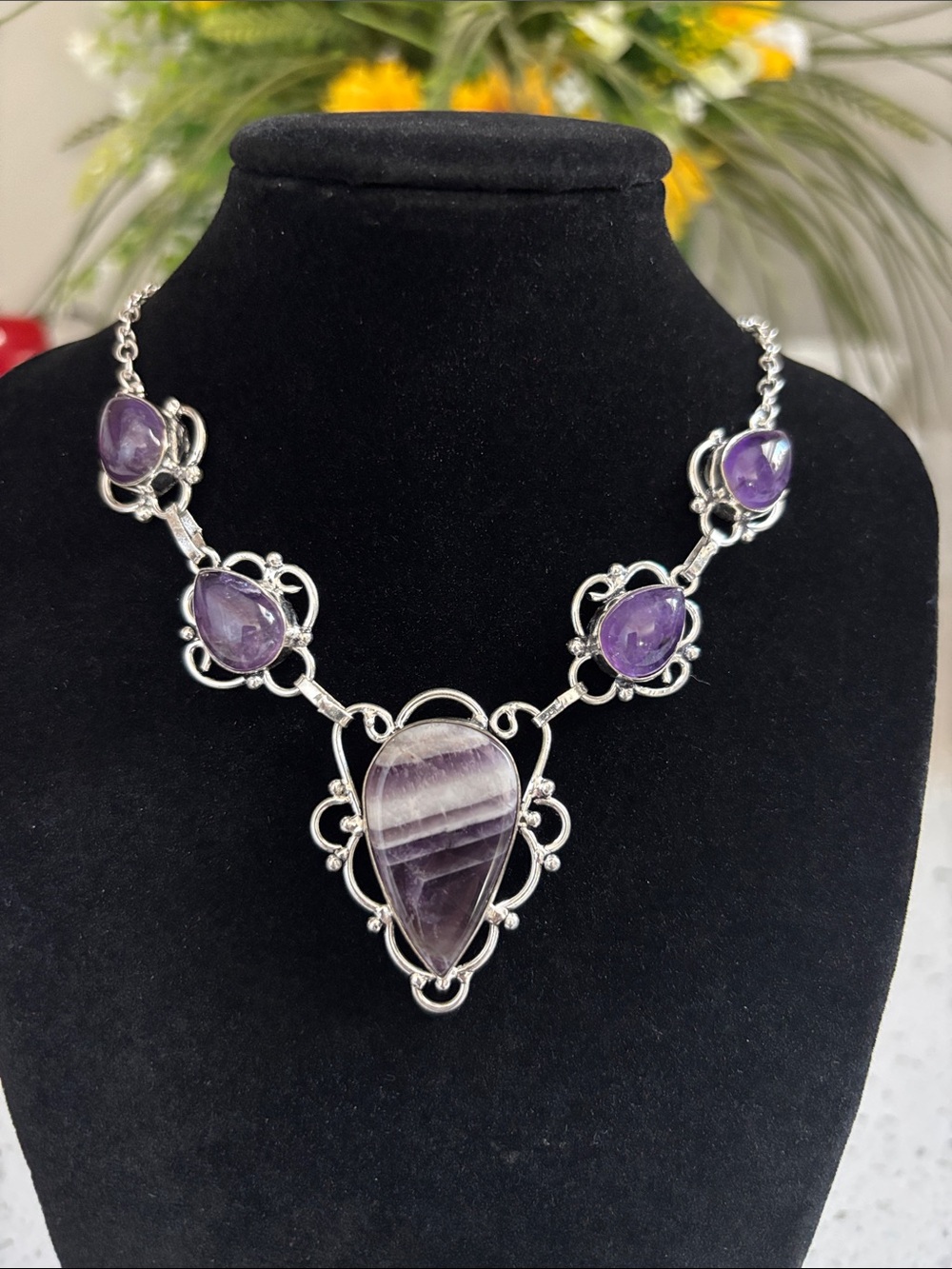 Sterling Silver Amethyst Gemstone Link Pendant Necklace